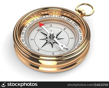 Gold compass on white isolated background. 3d