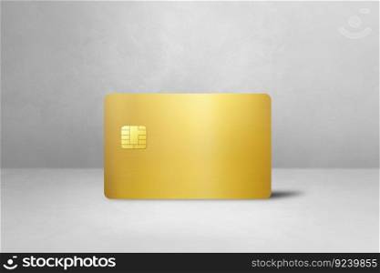 Gold credit card template on a white concrete background. 3D illustration. Gold credit card on a white concrete background