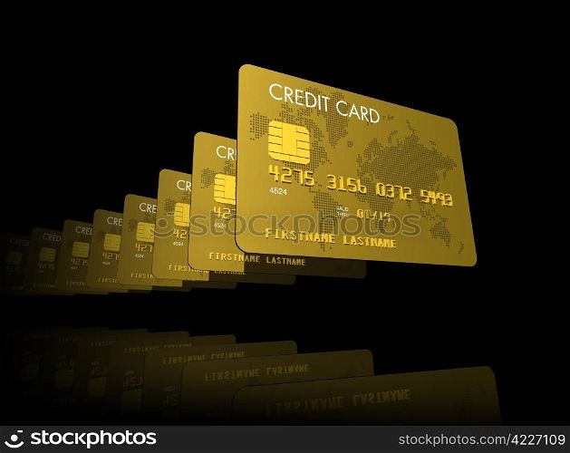 Gold credit cards serie, 3D render isolated on black. Gold credit cards