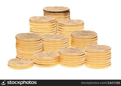 Gold Eagle one ounce coins stacked into larger columns and isolated against white