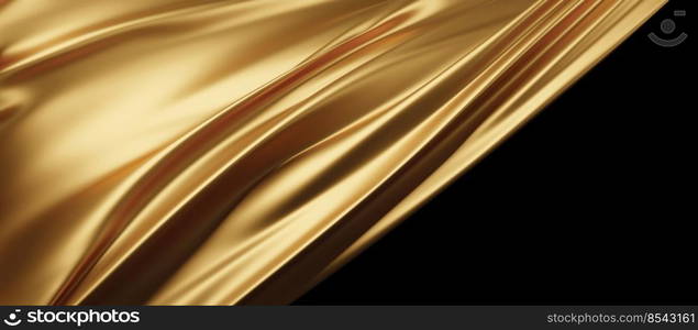 Gold fabric flying in the wind isolated on black background 3D render