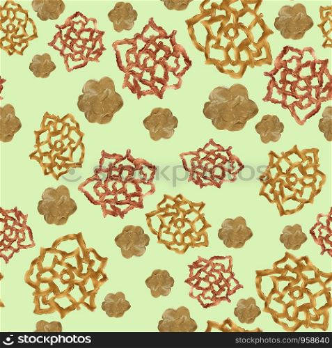 Gold flower seamless pattern on green background illustration.. Gold flower seamless pattern