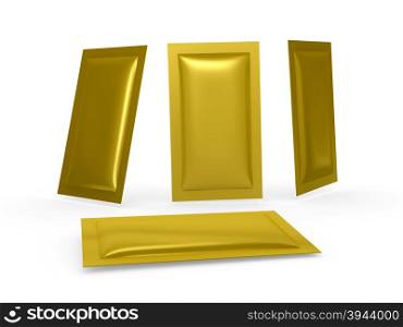 Gold foil blank heat sealed packet with clipping path. Packing or wrapper for sweet, snack, milk bar, coffee, salt, sugar, medicine drug, cooling gel patch, condom, seed, or paper wipe, ready for your design or artwork