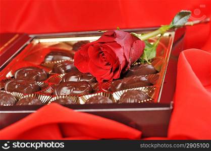 Gold foil box of assorted chocolates and rose on red background