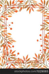 Gold frame with autumn leaves and mountain ash on white isolated background. Watercolor illustration.. Gold frame with autumn leaves and mountain ash on white isolated background. Watercolor illustration