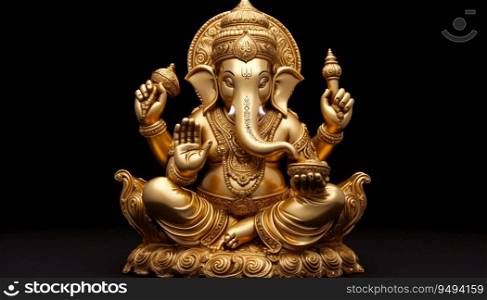 Gold Ganesha in Sitting Pose on Black Background. Generative ai. High quality illustration. Gold Ganesha in Sitting Pose on Black Background. Generative ai