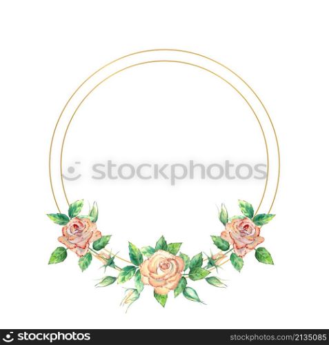 Gold geometric frame decorated with flowers. Peach roses, green leaves, open and closed flowers. Watercolor illustration.