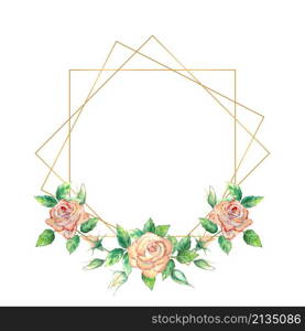 Gold geometric frame decorated with flowers. Peach roses, green leaves, open and closed flowers. Watercolor illustration.