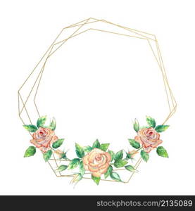 Gold geometric frame decorated with flowers. Peach roses, green leaves, open and closed flowers. Watercolor illustration.