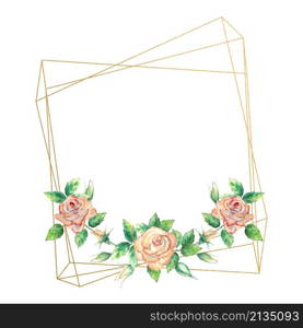 Gold geometric frame decorated with flowers. Peach roses, green leaves, open and closed flowers. Watercolor illustration.