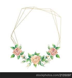Gold geometric frame decorated with flowers. Peach roses, green leaves, open and closed flowers. Watercolor illustration