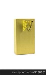 Gold gift box and butterfly isolated on white background.