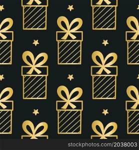 Gold gifts pattern seamless. Background with golden boxes gifts vector illustration. Template for packaging, paper, fabric and wallpaper. Gold gifts pattern seamless