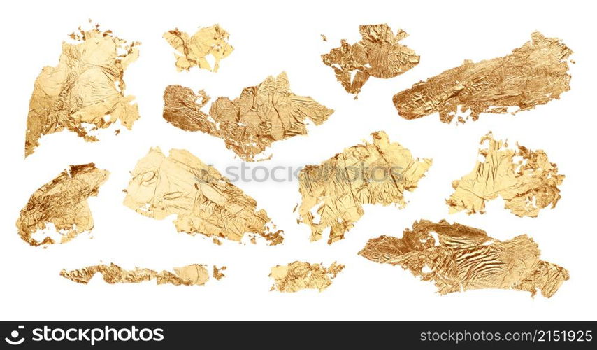 Gold glitter and bronze color blot. Abstract torn piece of metal leaf (potal) paper on white background. Collection.