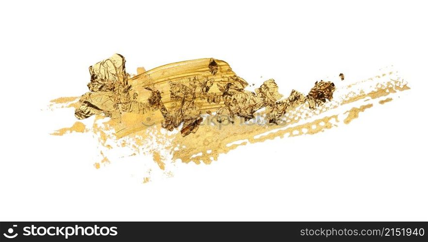 Gold glitter and bronze color blot. Abstract torn piece of metal leaf (potal) paper on white background.