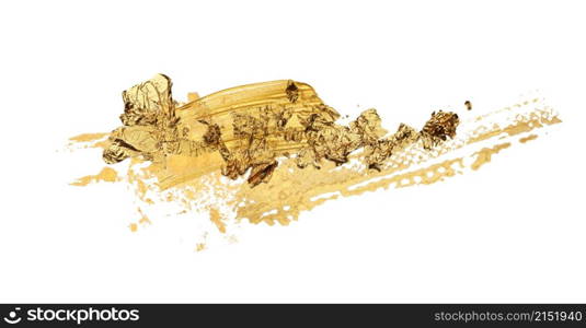 Gold glitter and bronze color blot. Abstract torn piece of metal leaf (potal) paper on white background.