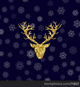 Gold Glitter Deer Head with Branched Horns on Winter Blue Snowflake Background. Gold Glitter Deer Head with Branched Horns