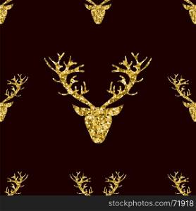 Gold Glitter Deer Head with Branched Horns Seamless PAttern on Black Background. Gold Glitter Deer Horns Seamless Pattern