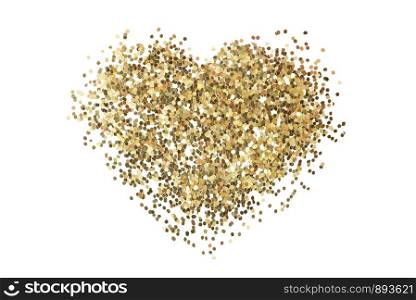 Gold glitter sequins texture isolated on white. Heart shape; Abstract background.