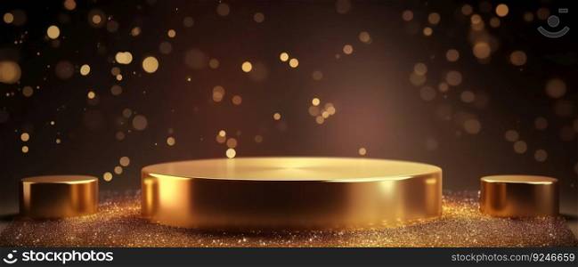 Gold glittering product podium. Shine Bright Like Gold with Our Dazzling Collection. A Perfect Display of Luxury and Glamour. Generative AI art. Gold glittering product podium. Shine Bright Like Gold with Our Dazzling Collection. A Perfect Display of Luxury and Glamour. Generative AI