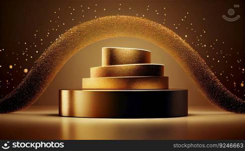 Gold glittering product podium. Shine Bright Like Gold with Our Dazzling Collection. A Perfect Display of Luxury and Glamour. Generative AI art. Gold glittering product podium. Shine Bright Like Gold with Our Dazzling Collection. A Perfect Display of Luxury and Glamour. Generative AI