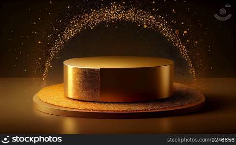 Gold glittering product podium with golden elements, Generative ai art. Gold glittering product podium with golden elements, Generative ai