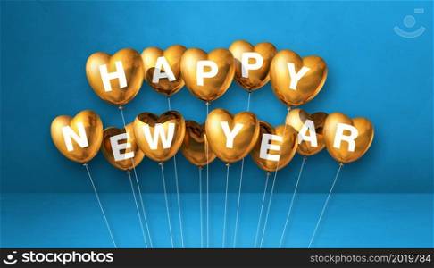 Gold happy new year heart shape balloons on a blue concrete background. Horizontal banner. 3D illustration render. Gold happy new year heart shape balloons on a blue concrete background. Horizontal banner