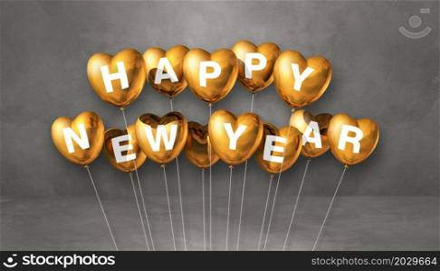 Gold happy new year heart shape balloons on a grey concrete background. Horizontal banner. 3D illustration render. Gold happy new year heart shape balloons on a grey concrete background. Horizontal banner