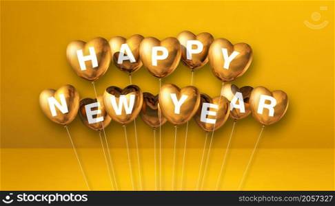 Gold happy new year heart shape balloons on a yellow concrete background. Horizontal banner. 3D illustration render. Gold happy new year heart shape balloons on a yellow concrete background. Horizontal banner