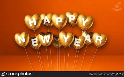 Gold happy new year heart shape balloons on orange concrete background. Horizontal banner. 3D illustration render. Gold happy new year heart shape balloons on orange concrete background. Horizontal banner