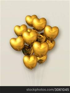 Gold heart shape air balloons group on a beige background. 3D illustration render. Gold heart shape air balloons group on a beige background