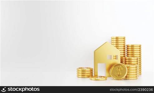 Gold home and coins on white background 3D render