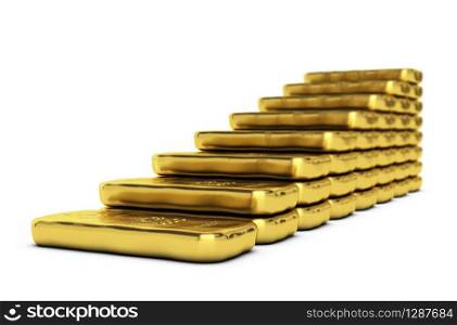 gold ingots making a bar chart over white background. gold growth over white
