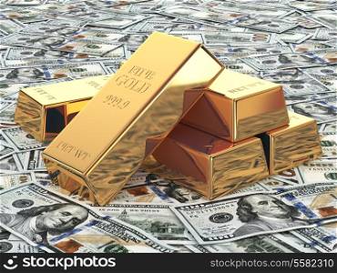 Gold ingots on background from dollar banknotes. 3d
