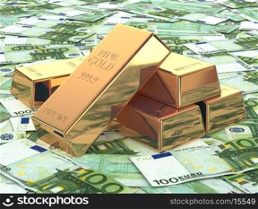 Gold ingots on background from euro banknotes. 3d