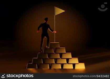 Gold investment concept. Man climbs up steps and ingots towards flag. Goal setting metaphor. Successful investor or entrepreneur. Financial literacy and business. 