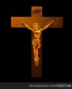Gold Jesus Christ on the Cross with a Crown of Thorns Jesus of Nazareth King of the Jews Statue on the black background