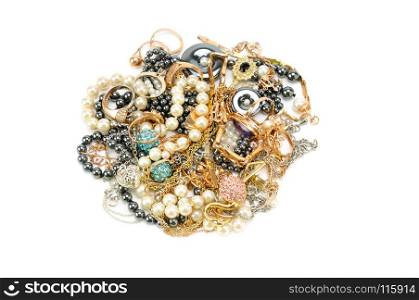 Gold jewelry isolated on white background. Flat lay, top view.