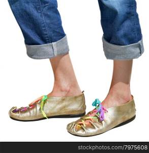 Gold ladies shoes with multicolored shoelaces