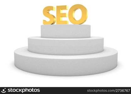 Gold letters SEO on the pedestal isolated on the white background