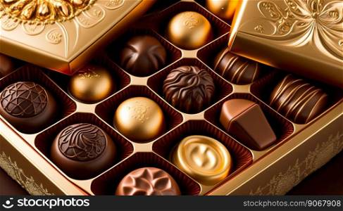 Gold luxury sweet chocolate candies pralines in golden box. Generative AI. High quality illustration. Gold luxury sweet chocolate candies pralines in golden box. Generative AI