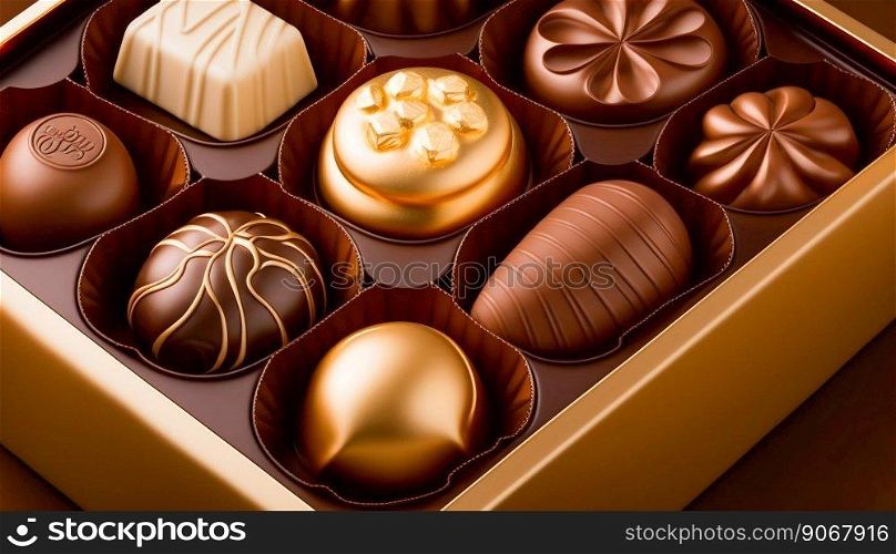 Gold luxury sweet chocolate candies pralines in golden box. Generative AI. High quality illustration. Gold luxury sweet chocolate candies pralines in golden box. Generative AI