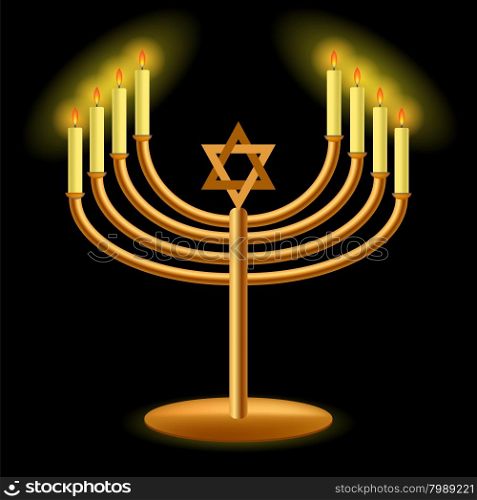 Gold Menorah with Burning Candles Isolated on Dark Background. Gold Menorah with Burning Candles