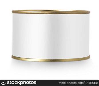 Gold metal tin can with white label isolated on white background