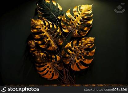 Gold monstera leaves in interior. Natural luxury backdrop. Generative AI.. Gold monstera leaves in interior. Natural luxury backdrop. Generative AI