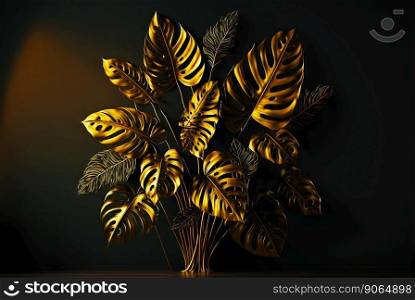 Gold monstera leaves in interior. Natural luxury backdrop. Generative AI.. Gold monstera leaves in interior. Natural luxury backdrop. Generative AI