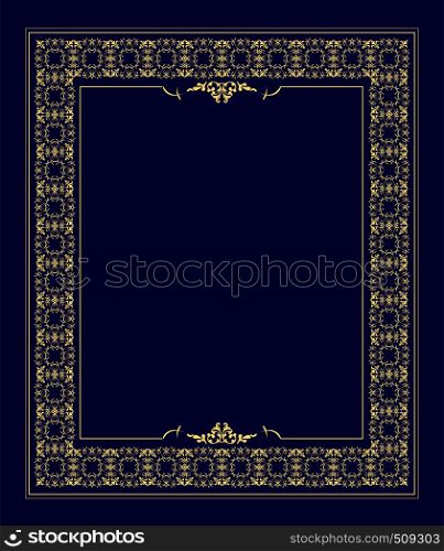 Gold ornament on blue background. Can be used as invitation card. Vector illustration