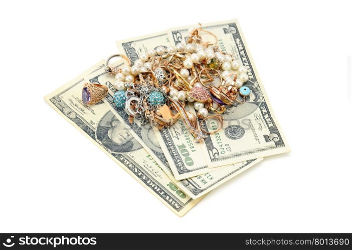 Gold ornaments and dollars isolated on white background