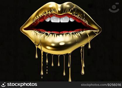 Gold Paint from the lips. Golden lips on beautiful model girls mouth. Make-up. Beauty makeup close up. Neural network AI generated art. Gold Paint from the lips. Golden lips on beautiful model girls mouth. Make-up. Beauty makeup close up. Neural network AI generated
