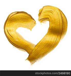 Gold paint heart hand brush stroke design element isolated on white background.